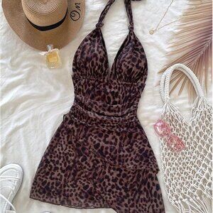 Women's Sexy Tie Dye Print Halter V Neck Mini Dress